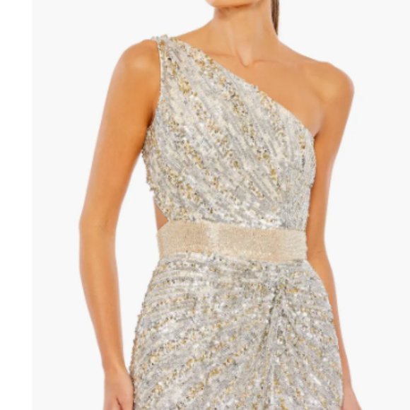 MAC DUGGAL ONE SHOULDER SEQUIN BEADED LACE UP BACK NUDE/SILVER GOWN sz 2 - Picture 3 of 8